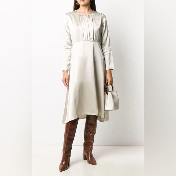 Fabiana Filippi Dresses & Skirts - Fabiana Filippi Champagne Jewel Neck Long Sleeve Satin Dress
